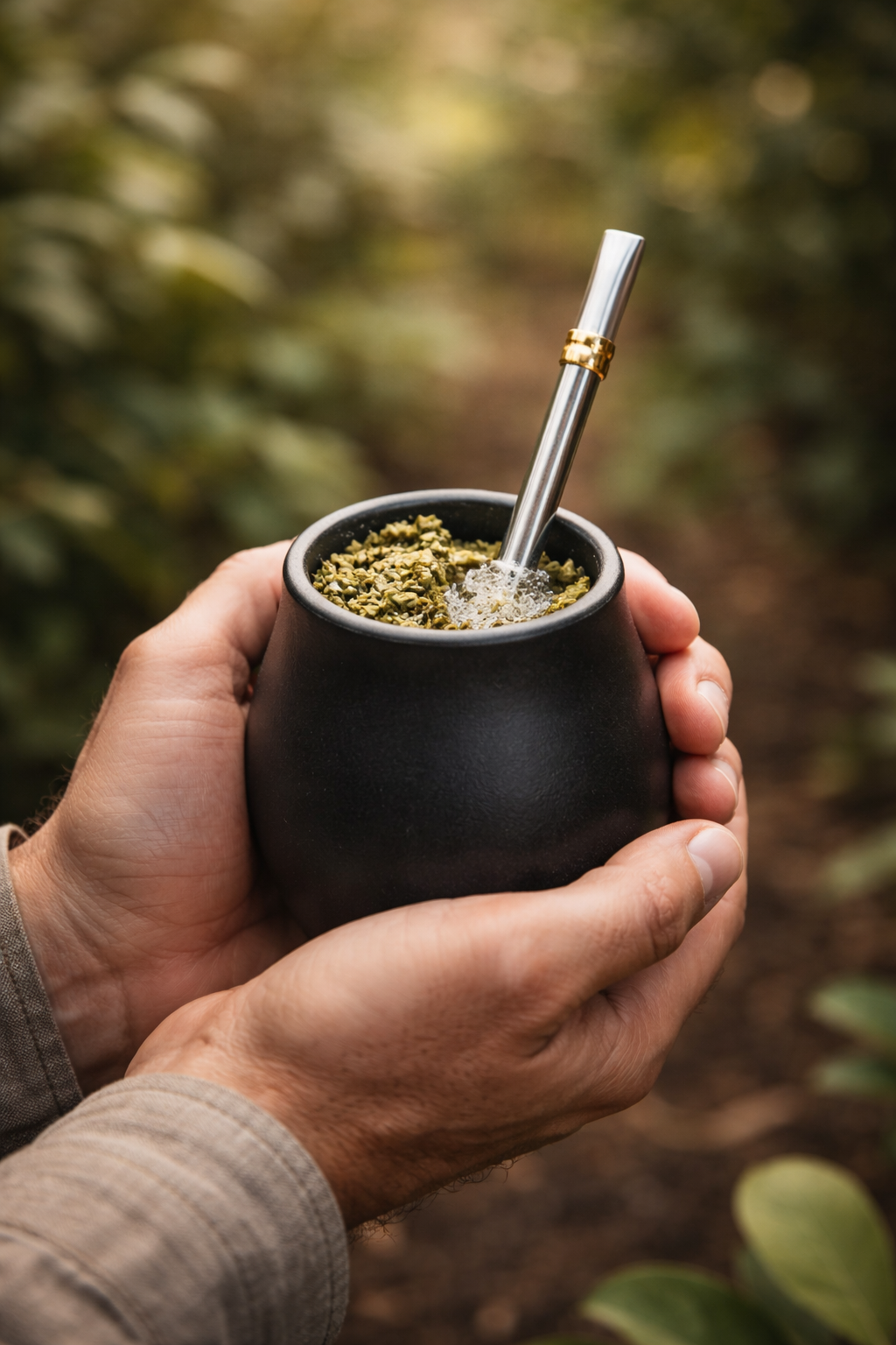 Hands holding prepared yerba mate in ceramic gourd with bombilla
